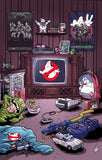 Ghostbusters-inspired nostalgic 80s childhood bedroom art print by Tim Lattie with Slimer, Stay Puft, and retro toys.